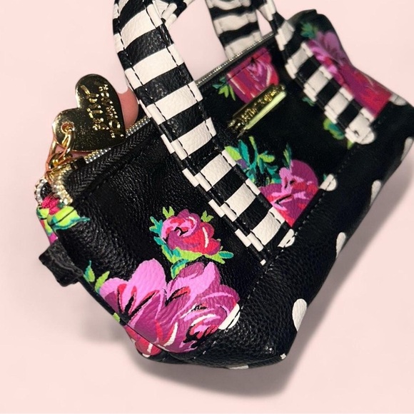Betsey Johnson Pink and Black Mini Bag with Floral Stripes - Picture 4 of 4